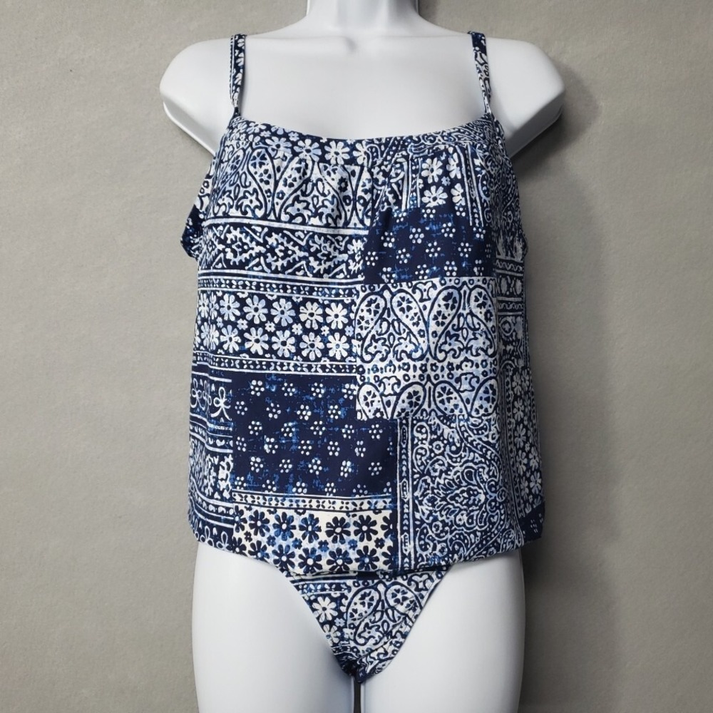 Lands' End Womens 14 One Piece Swimsuit Blue Blouson Tummy Control Floral Tank